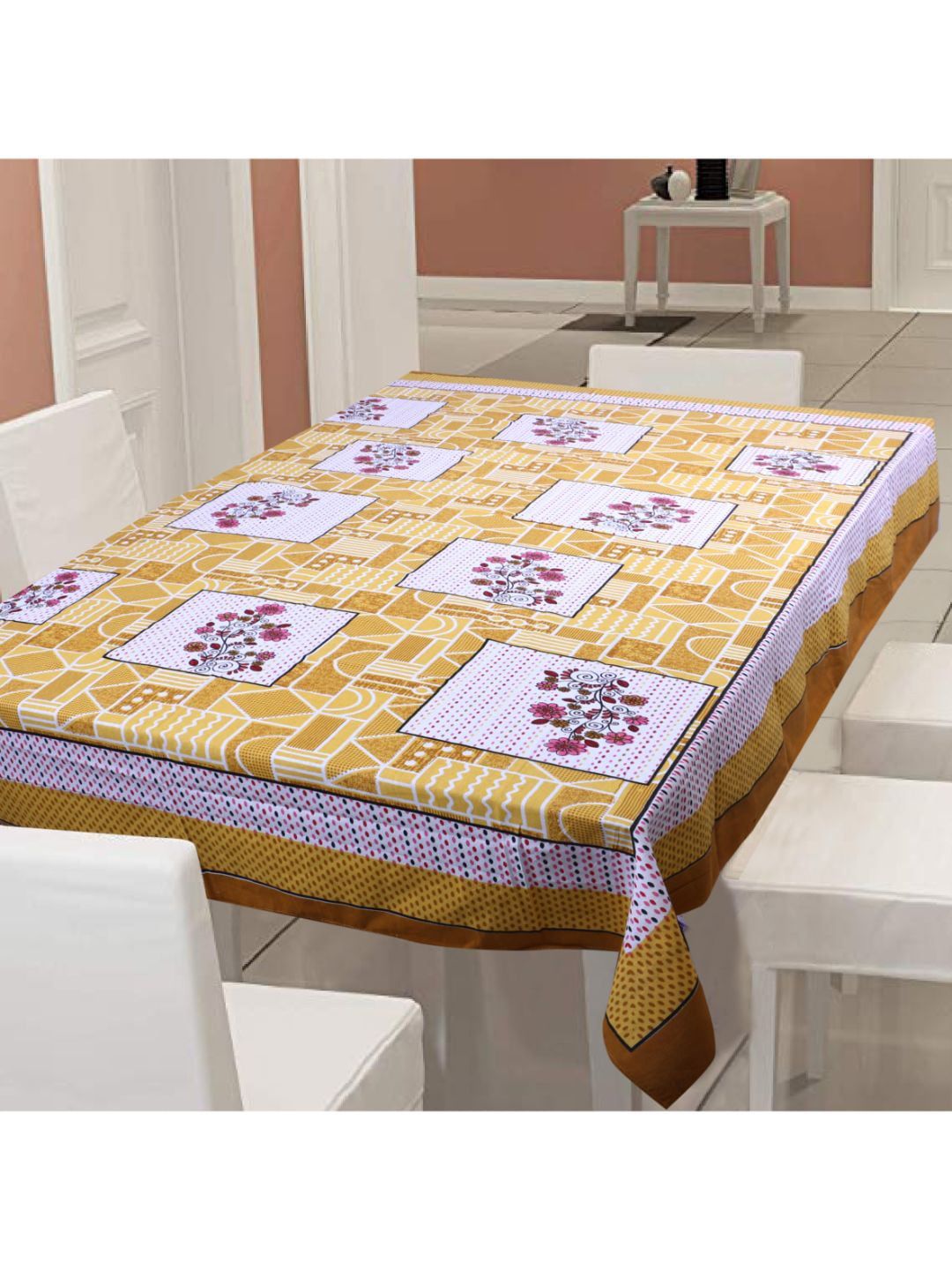 INDHOME LIFE Yellow & Pink Printed Cotton 6-Seater Dining Table Cloth Price in India