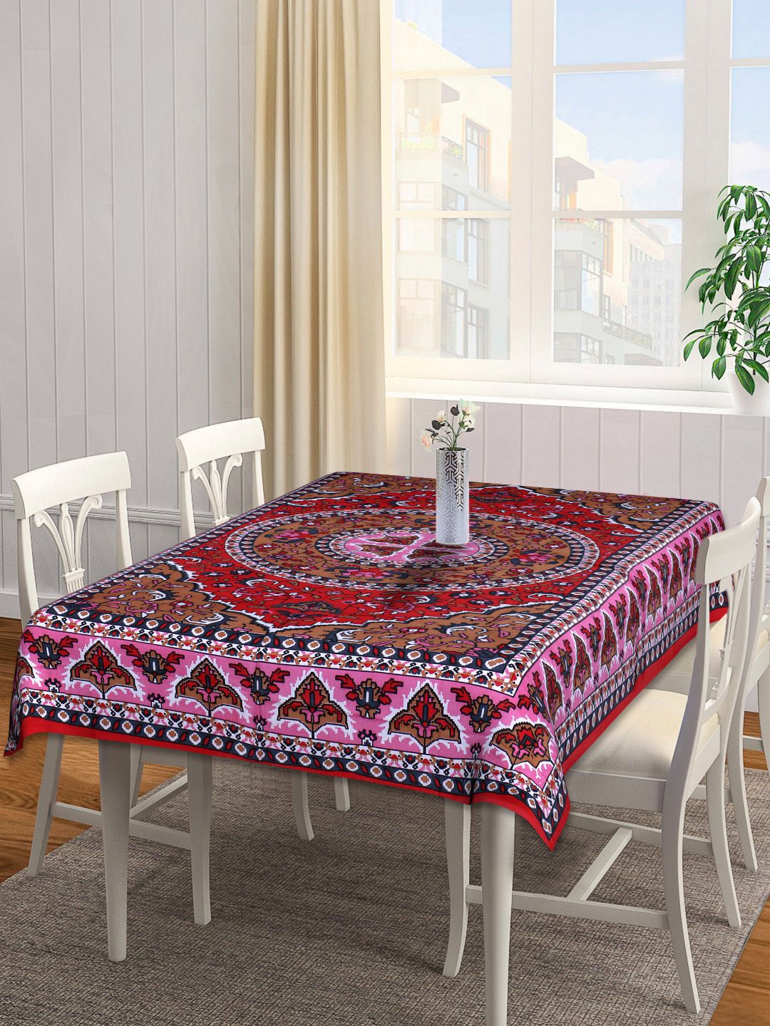 INDHOME LIFE Red & Pink Printed Pure Cotton 144 TC Table Cover Price in India