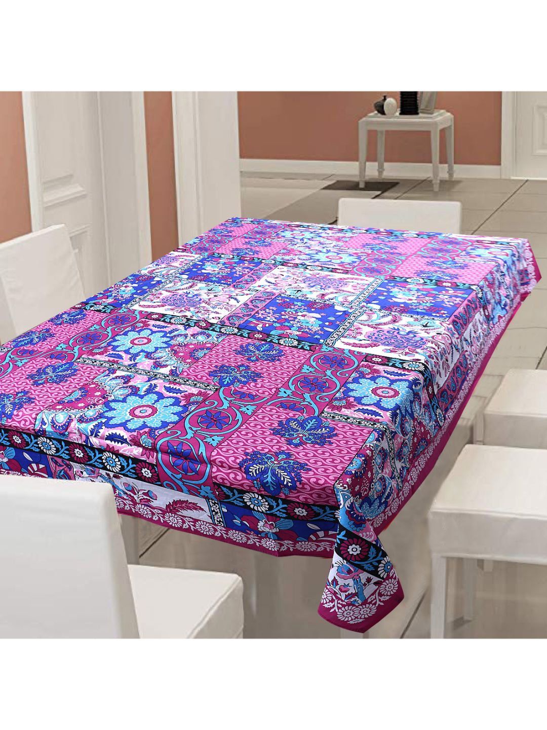 INDHOME LIFE Purple & Blue Floral Printed 144 TC Pure Cotton 6 Seater Table Covers Price in India