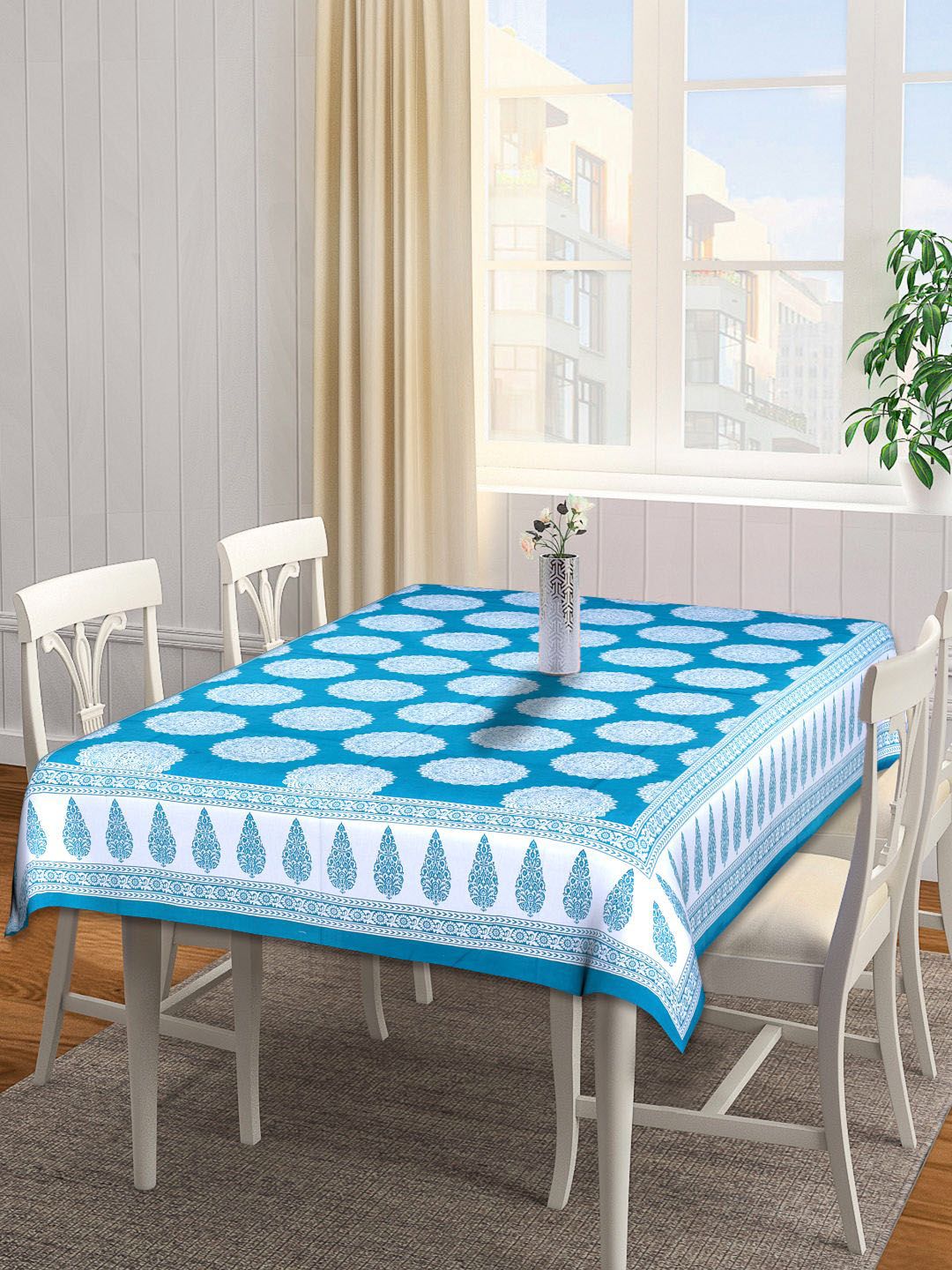 INDHOME LIFE Blue & White Printed Pure Cotton 144 TC Table Cover Price in India