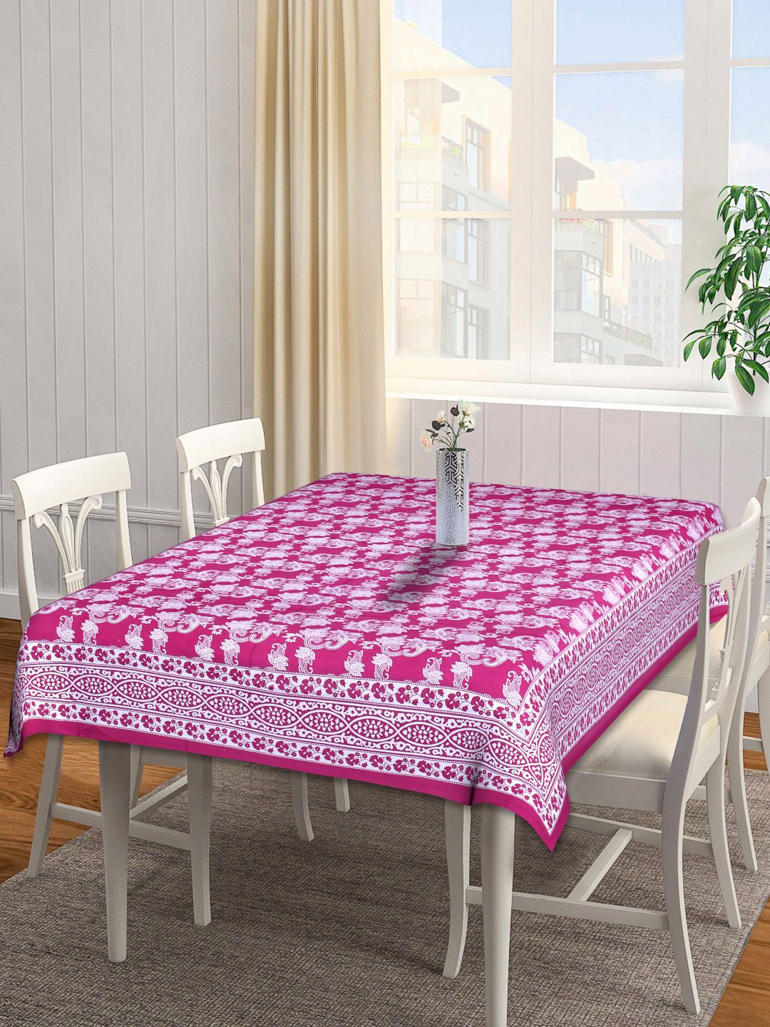 INDHOME LIFE Pink & White Printed 144 TC Pure Cotton Table Cover Price in India