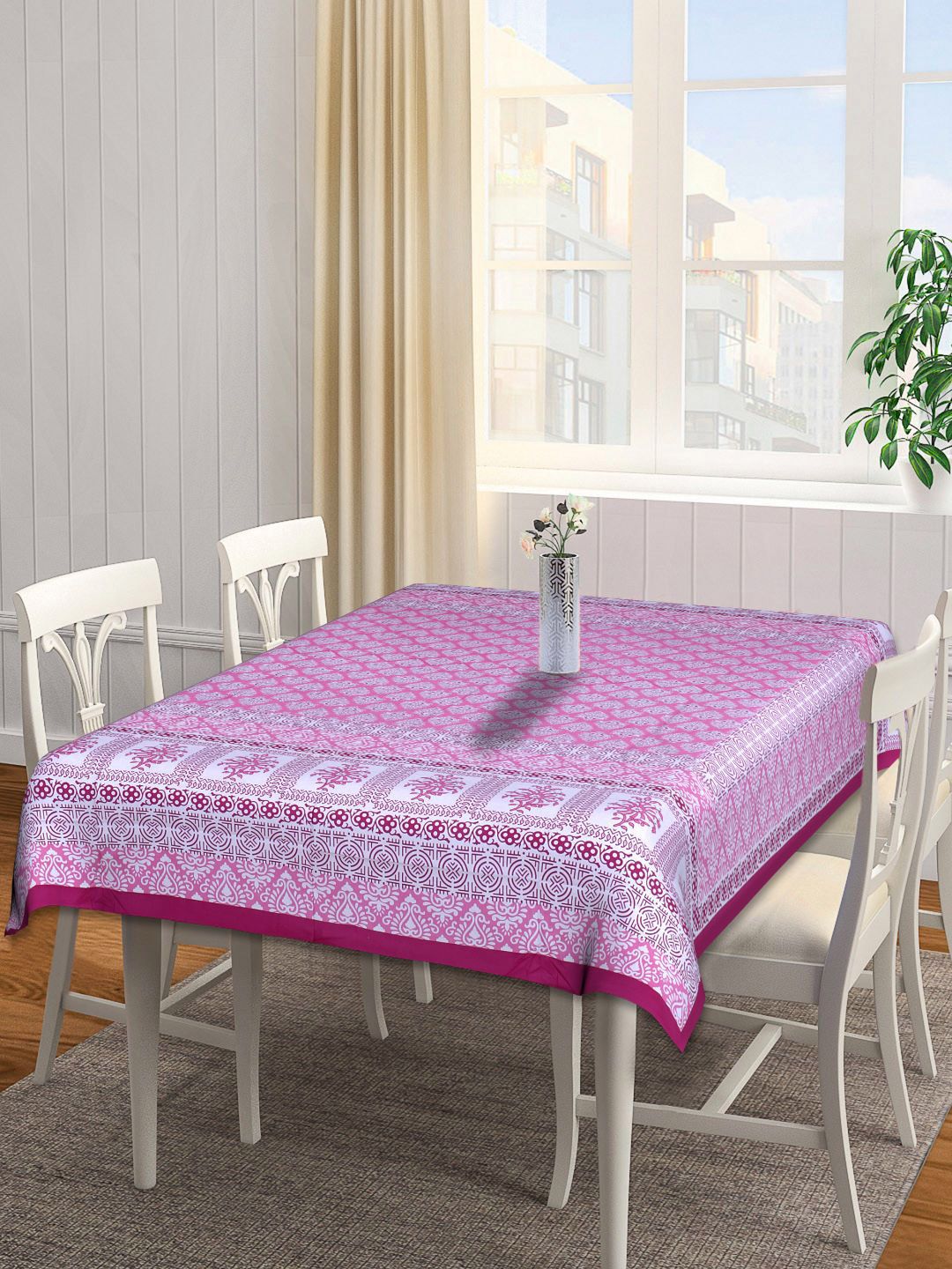 INDHOME LIFE Pink & White Printed Pure Cotton 144 TC Table Cover Price in India