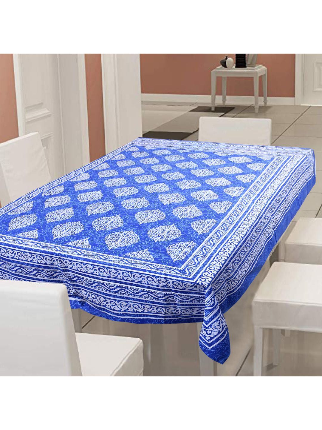 INDHOME LIFE Blue & White Floral Printed 6-Seater 144 TC Cotton Table Cover Price in India