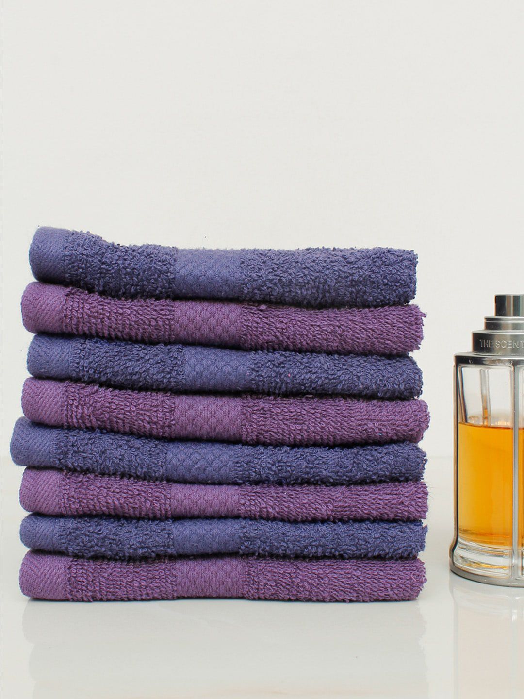 AVI Living Set Of 8 Navy Blue & Purple Solid Pure Cotton Face Towels Price in India