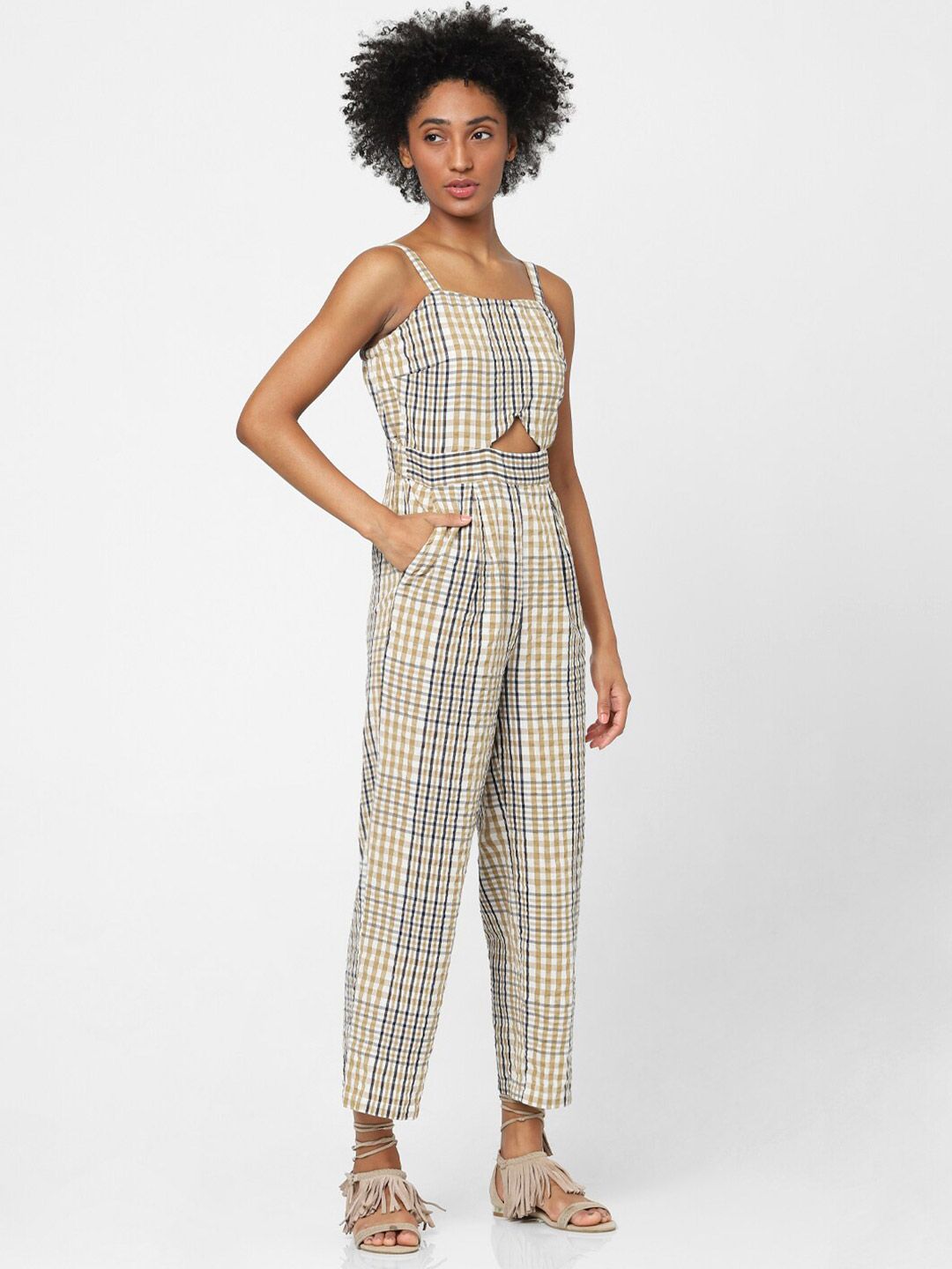 ONLY White & Black Checked Basic Jumpsuit Price in India