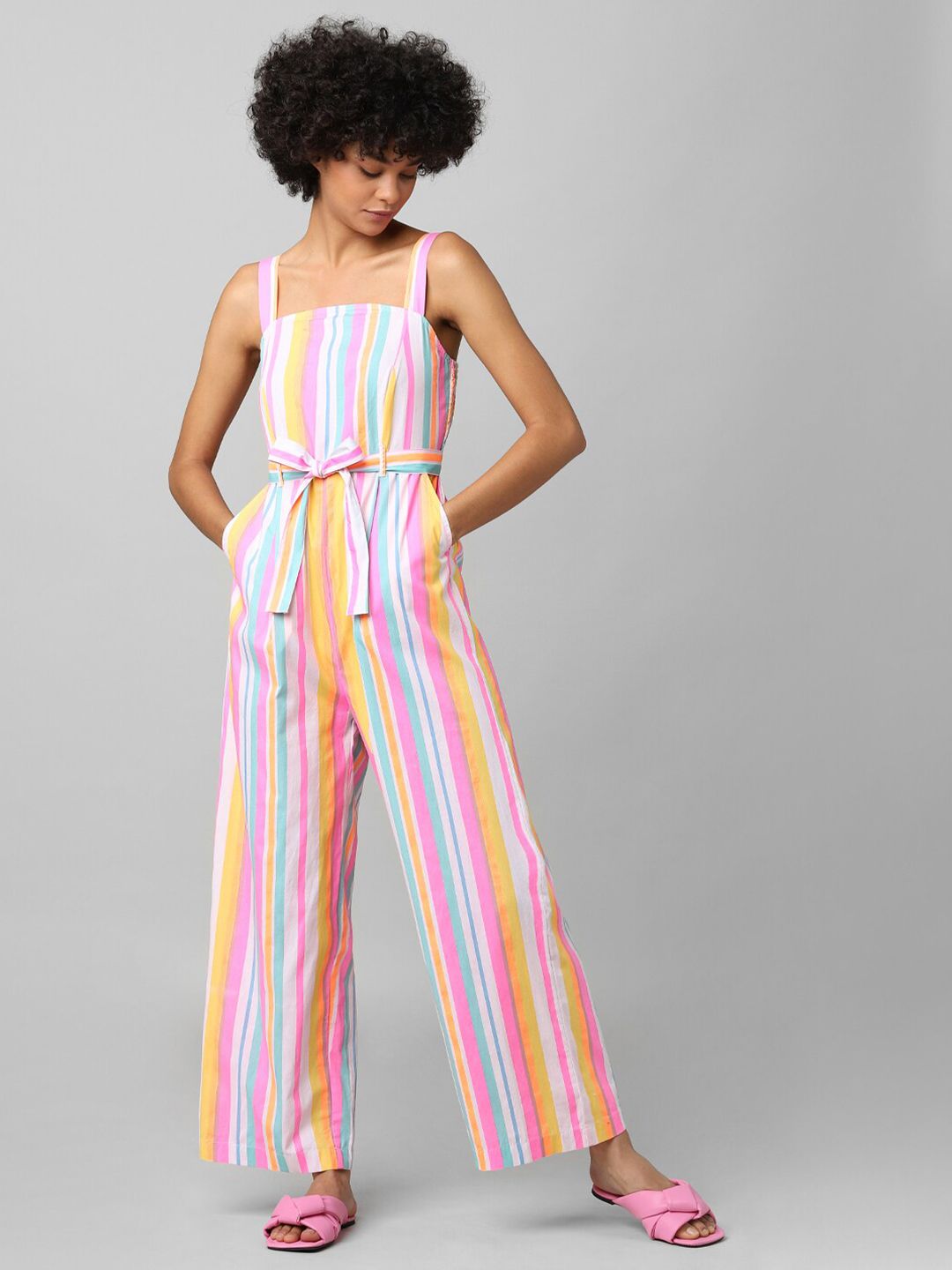 ONLY White & Pink Striped Basic Jumpsuit Price in India