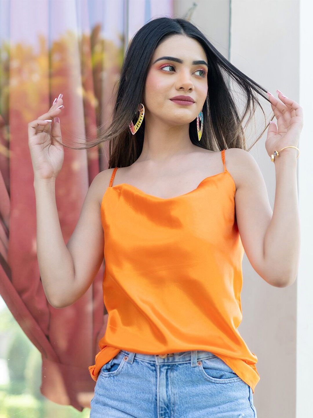 Tistabene Women Orange Satin Cowl Neck Cami Top