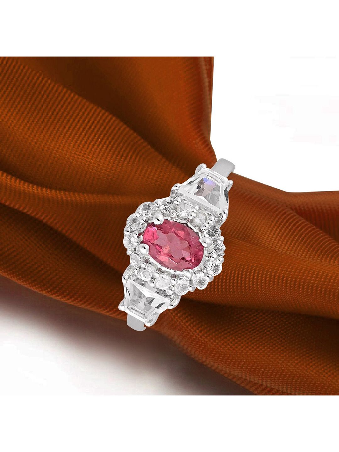 HIFLYER JEWELS Rhodium-Plated Silver-Toned & Pink Tourmaline & Topaz-Studded Finger Ring Price in India