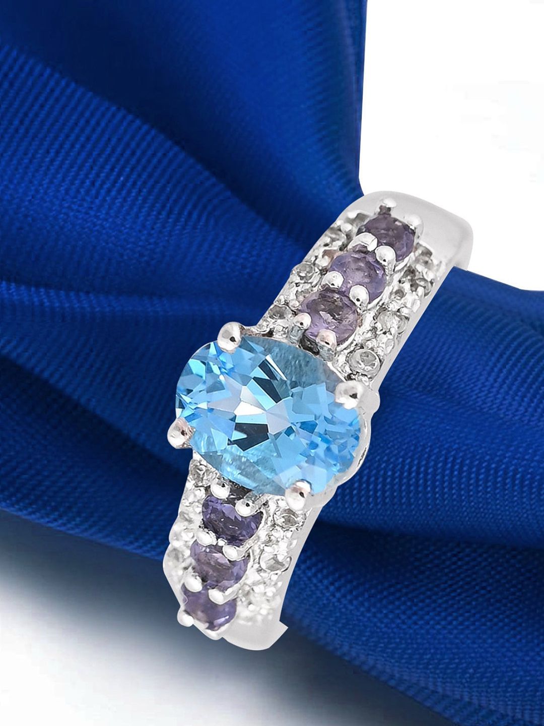 HIFLYER JEWELS Rhodium-Plated Silver-Toned & Blue Topaz Gemstone-Studded Finger Ring Price in India