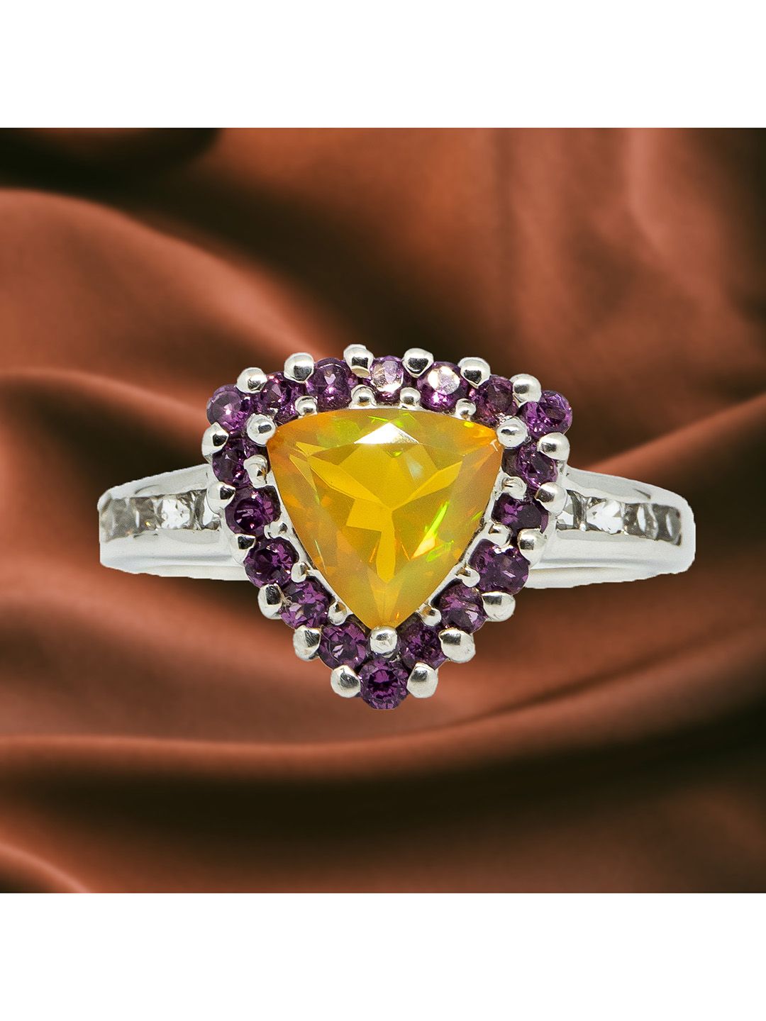 HIFLYER JEWELS Women Rhodium-Plated Silver-Toned & Yellow Garnet Stone Studded Finger Ring Price in India