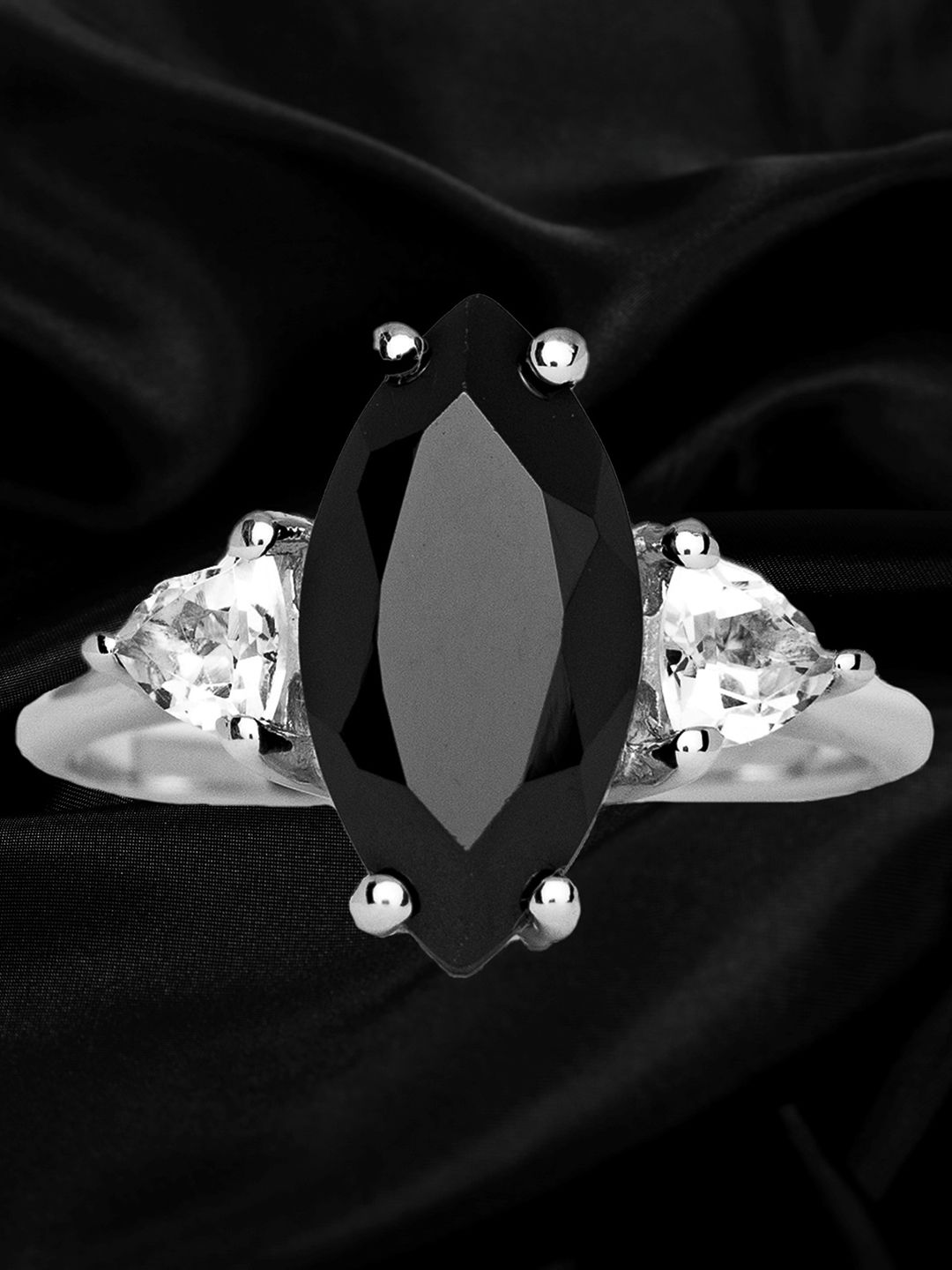 HIFLYER JEWELS 92.5 Sterling Silver Rhodium-Plated Black & White Gemstone Studded Finger Ring Price in India