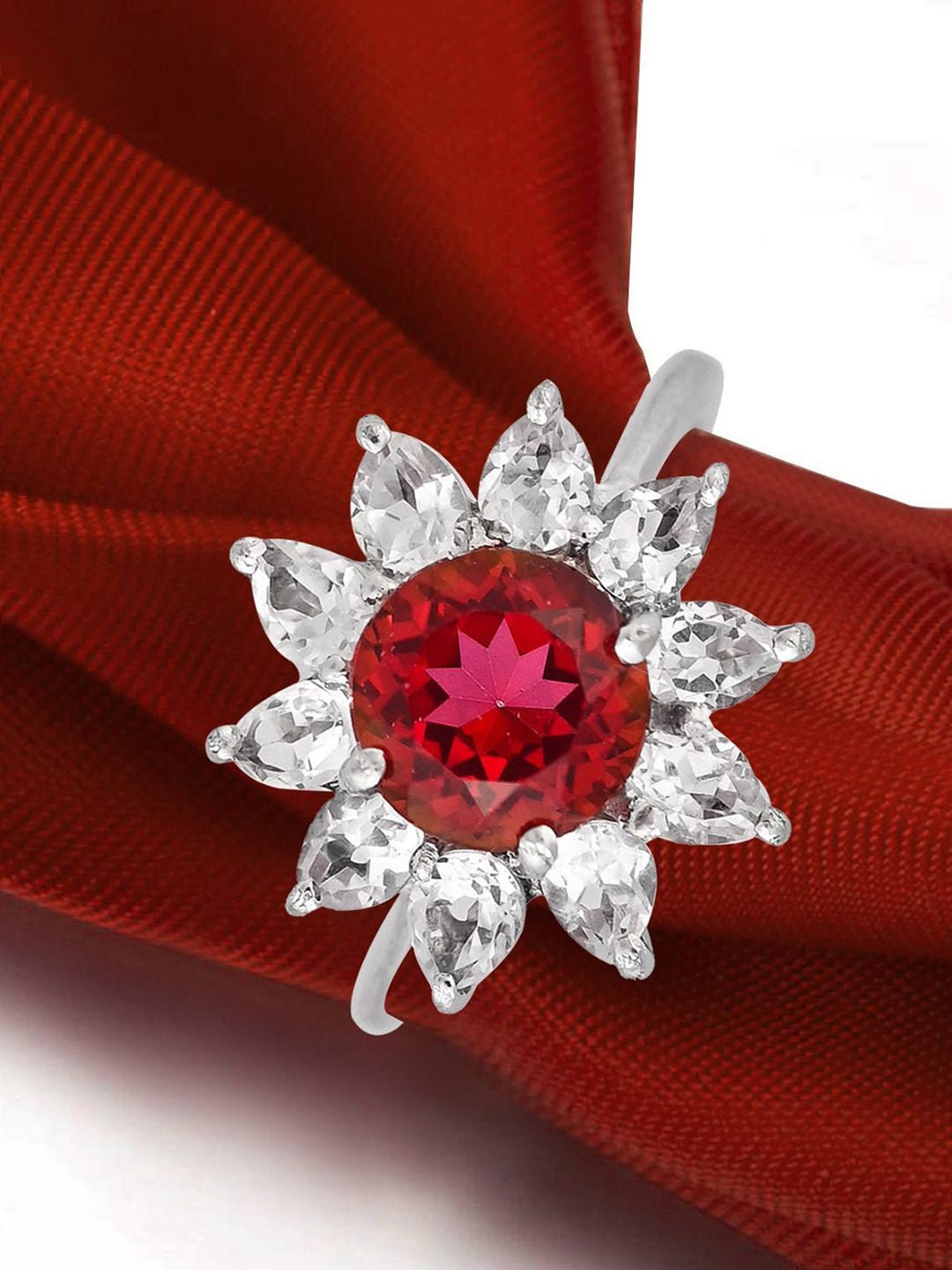 HIFLYER JEWELS 92.5 Sterling Silver Rhodium-Plated Red & White Topaz Stone-Studded Finger Ring Price in India