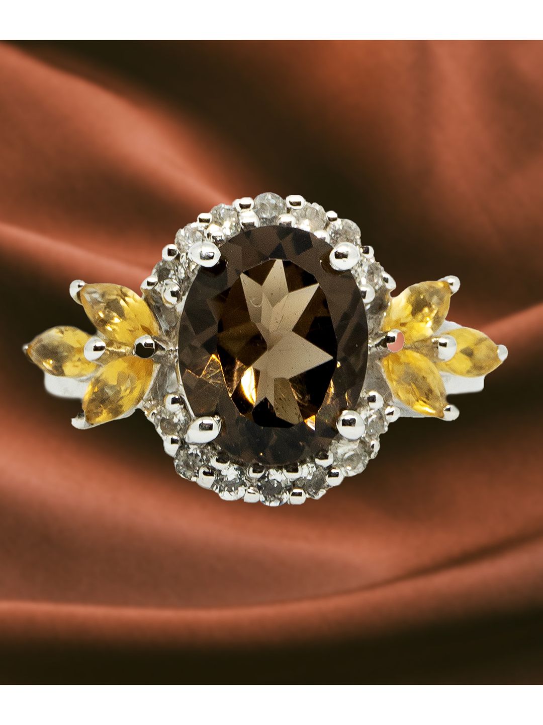 HIFLYER JEWELS Rhodium-Plated Silver-Toned & Yellow Quartz Stone Studded Finger Ring Price in India