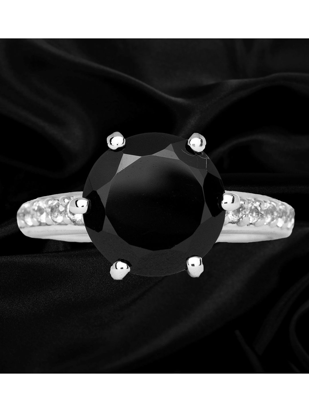 HIFLYER JEWELS Rhodium-Plated Silver-Toned & Black Spinal Gemstone Studded Finger Ring Price in India