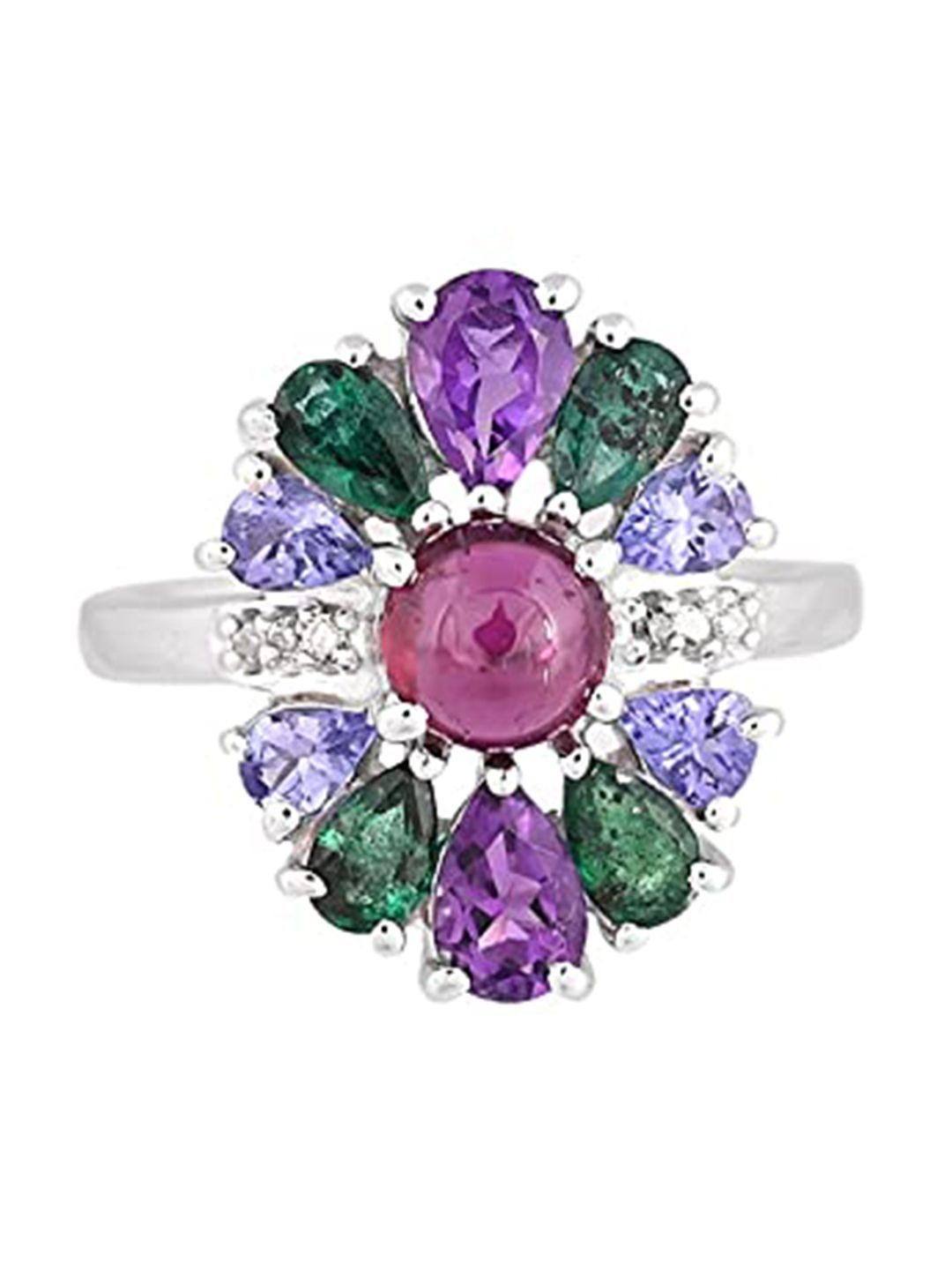 HIFLYER JEWELS Rhodium-Plated Purple & Green Stone Studded Ring Price in India