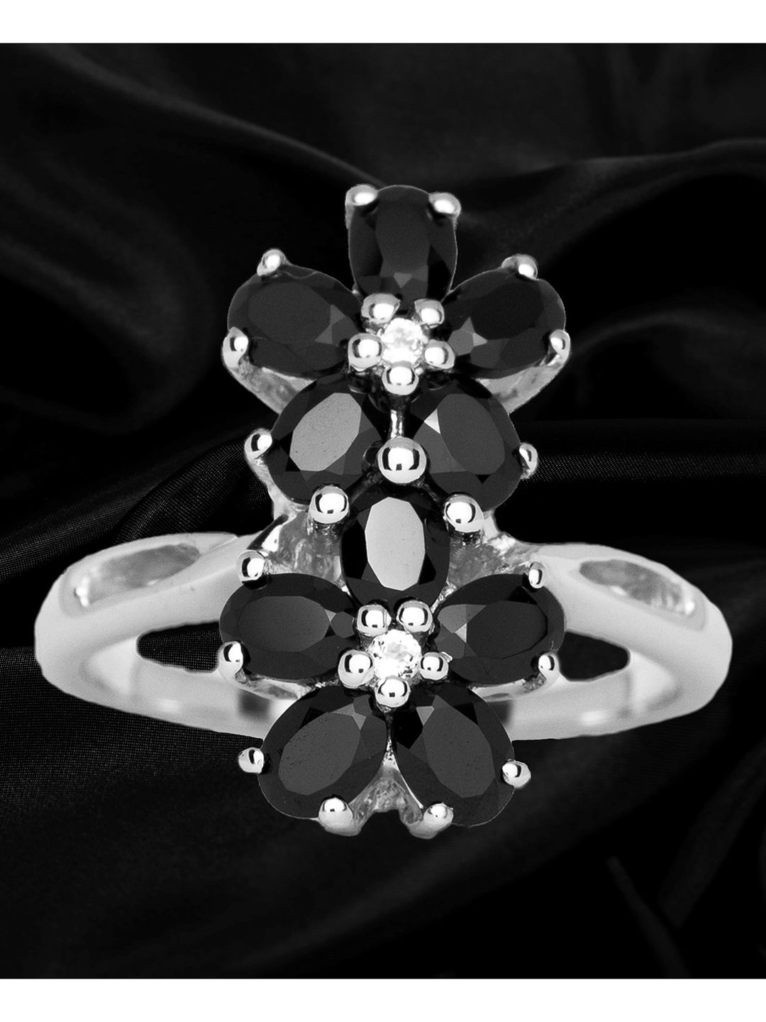 HIFLYER JEWELS Rhodium-Plated Silver-Toned & Black Gemstone-Studded Finger Ring Price in India
