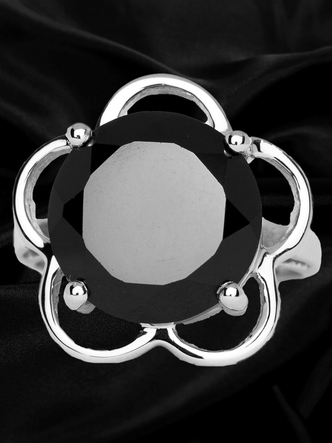 HIFLYER JEWELS Rhodium-Plated 925 Sterling Silver Black Stone Studded Finger Ring Price in India