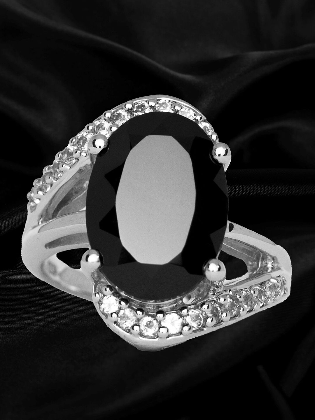 HIFLYER JEWELS Rhodium-Plated Silver-Toned & Black Spinel Gemstone-Studded Finger Ring Price in India