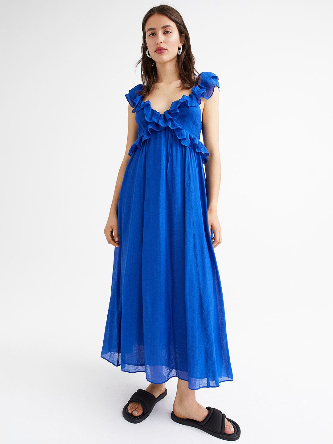 H&M Women Blue Solid Lyocell-Blend Flounced Dress Price in India