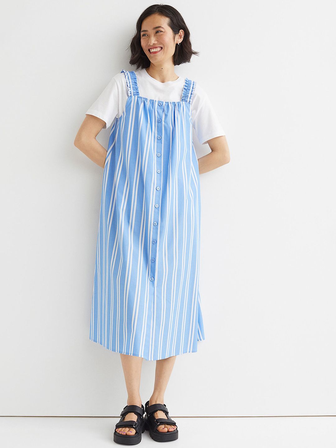 H&M Women Blue & White Striped Cotton A-Line Dress Price in India