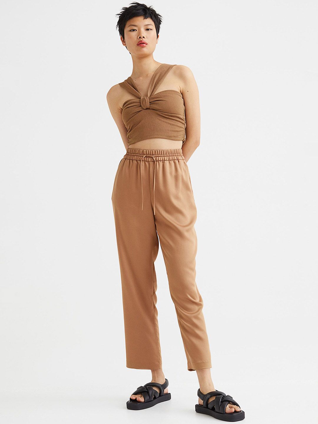 H&M Women Beige Pull-On Lyocell-Blend Trousers Price in India