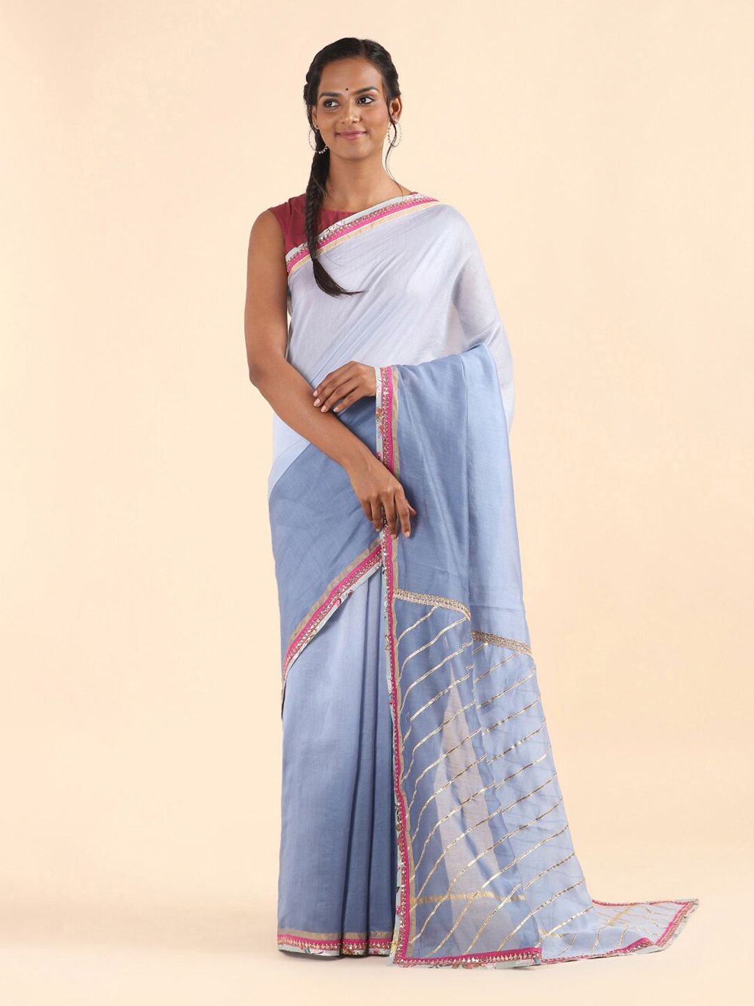 Taneira Blue & Gold-Toned Striped Gotta Patti Silk Cotton Saree Price in India