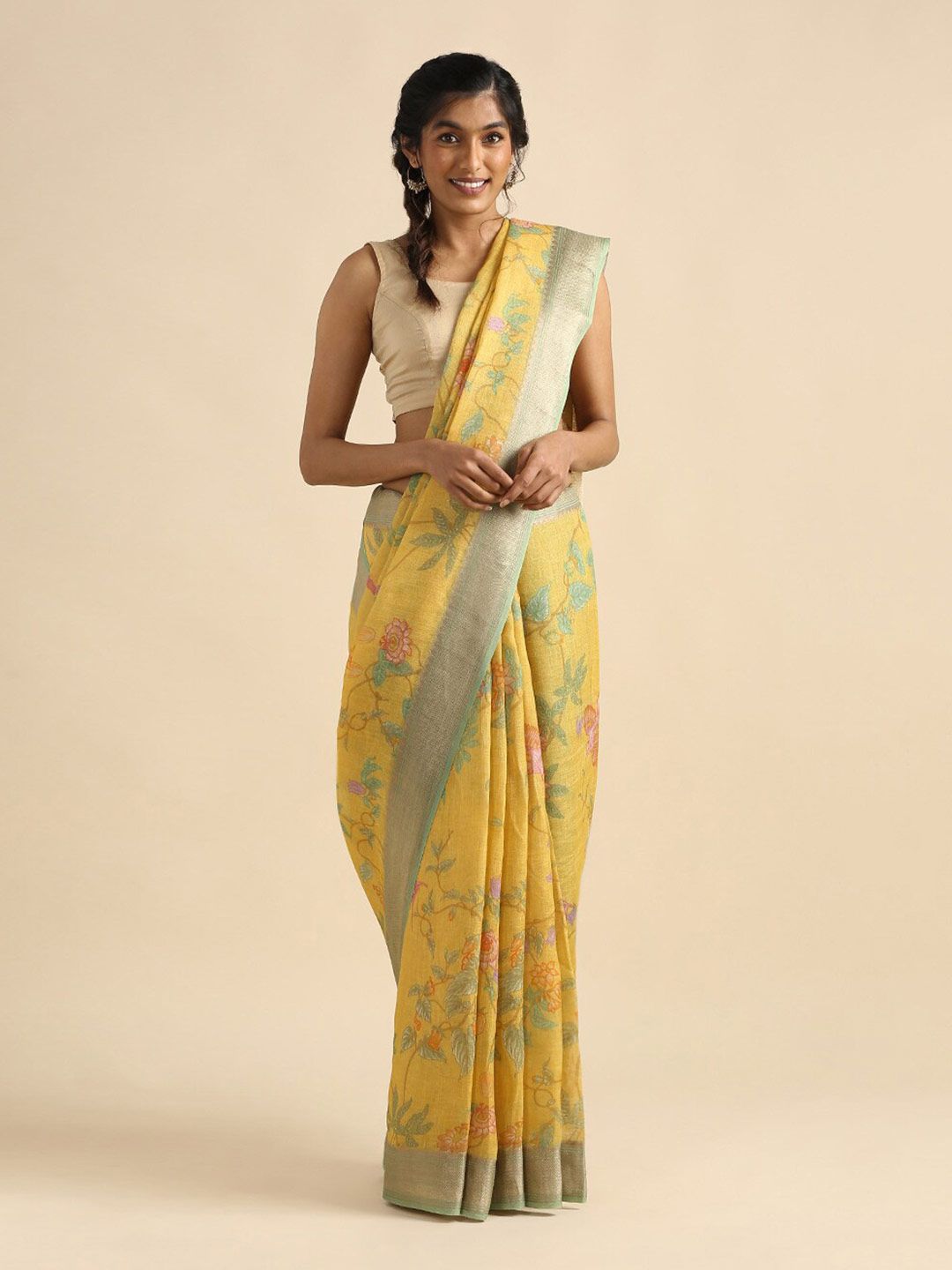 Taneira Women  Yellow & Green Floral Zari Pure Linen Saree Price in India