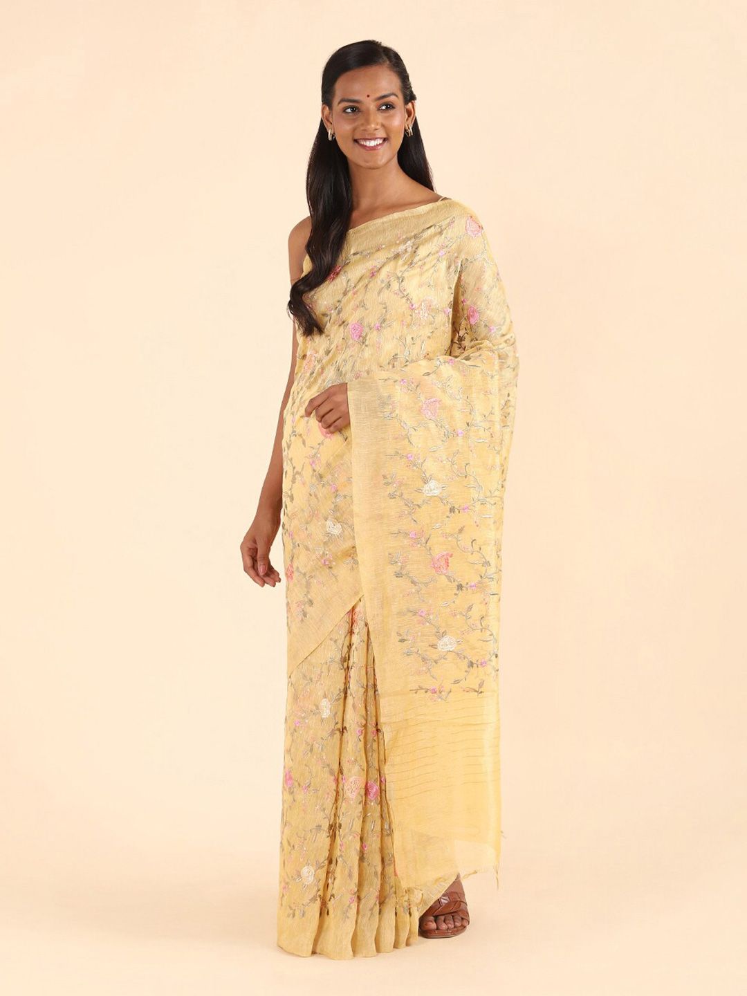Taneira Yellow & Pink Floral Embroidered Pure Linen Saree Price in India