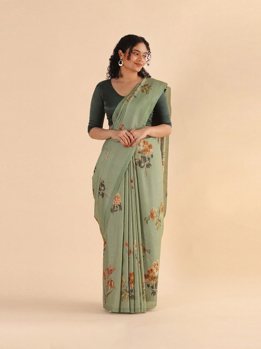 Taneira Green & Brown Floral Pure Silk Tussar Saree Price in India