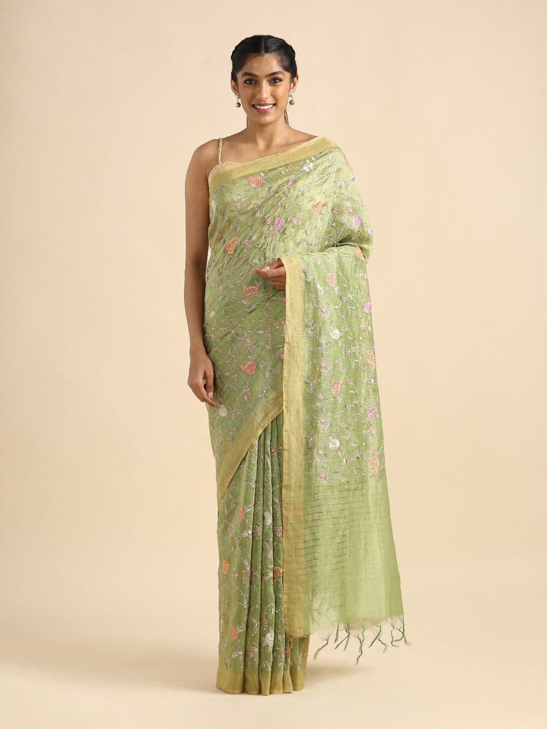 Taneira Women Green & White Floral Embroidered Pure Linen Saree Price in India