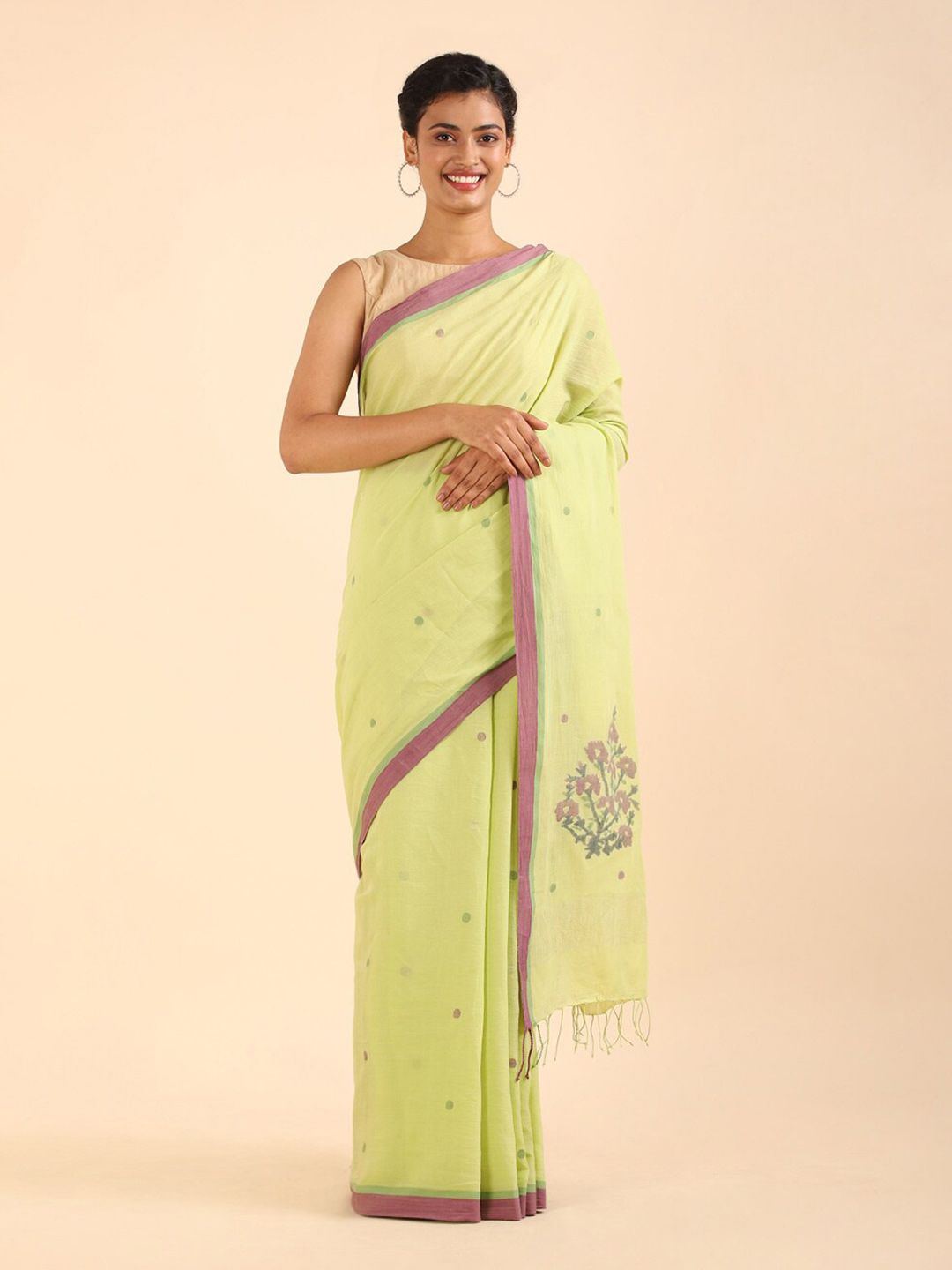 Taneira Lime Green & Pink Floral Zari Pure Cotton Jamdani Saree Price in India