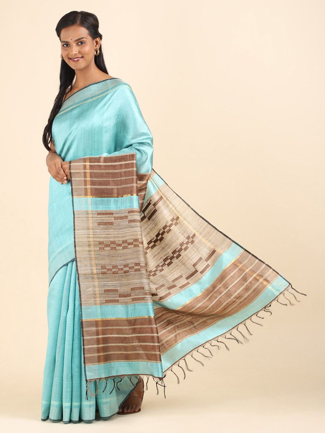 Taneira Blue & Brown Pure Silk Bhagalpuri Saree Price in India