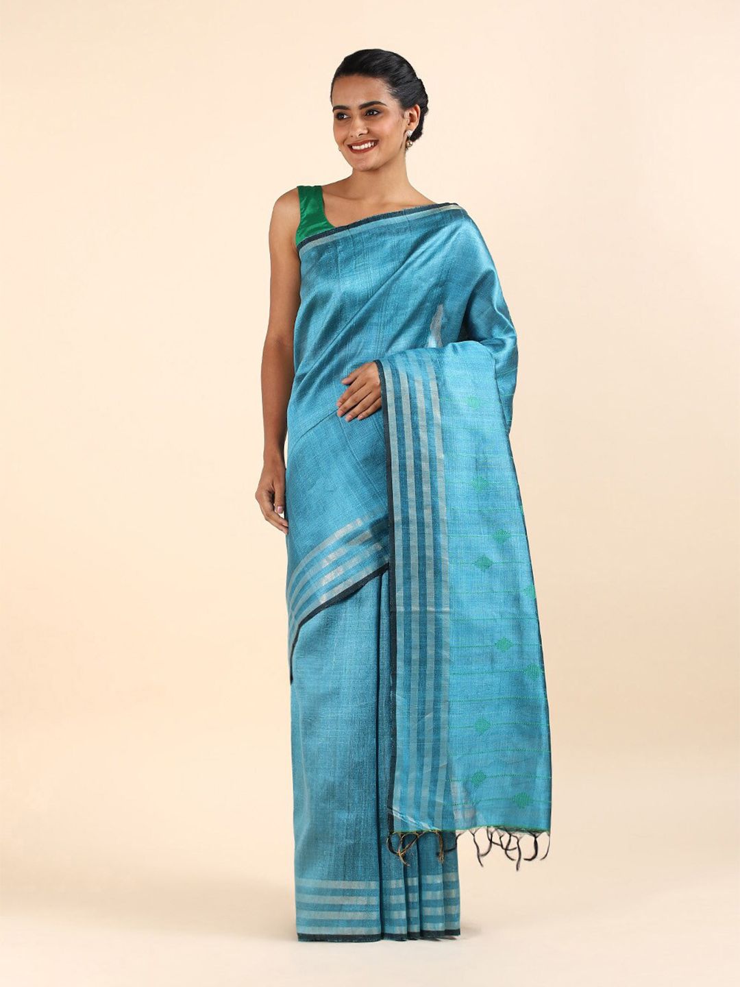 Taneira Women Blue Pure Tussar Silk Bhagalpuri Saree Price in India