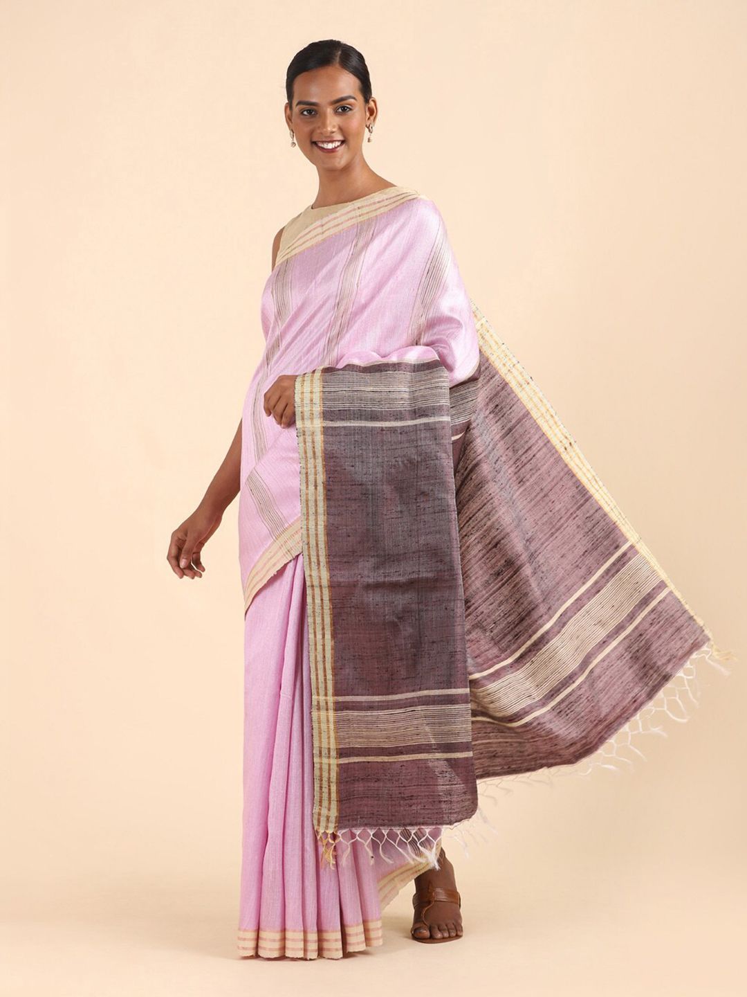 Taneira Purple & Grey Striped Pure Silk Bhagalpuri Saree Price in India