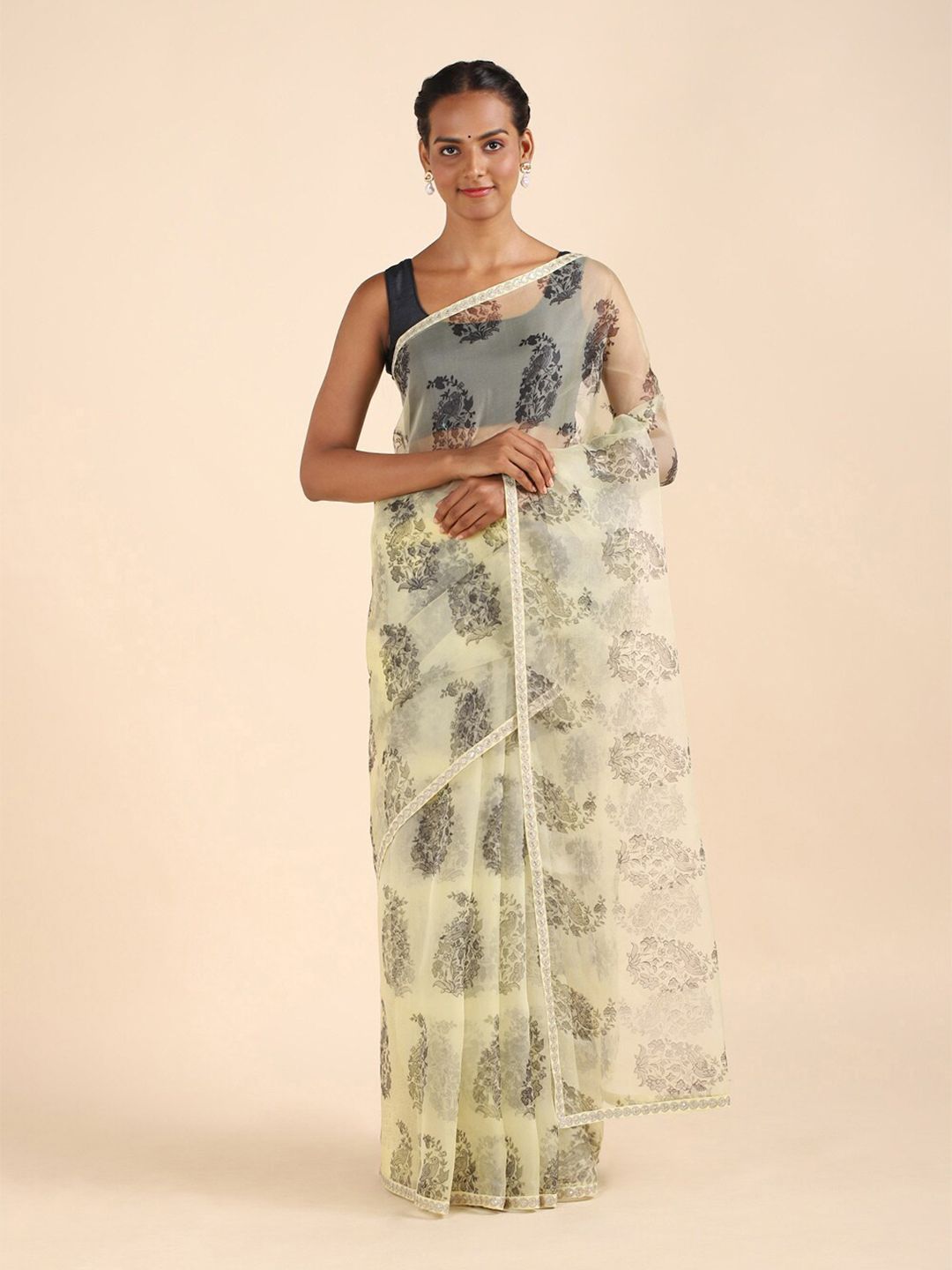 Taneira Beige & Grey Floral Organza Saree Price in India