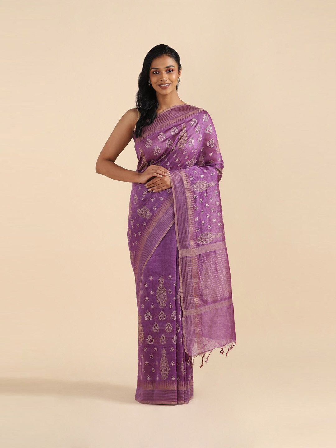 Taneira Purple & Gold-Toned Floral Embroidered Linen Blend Saree Price in India