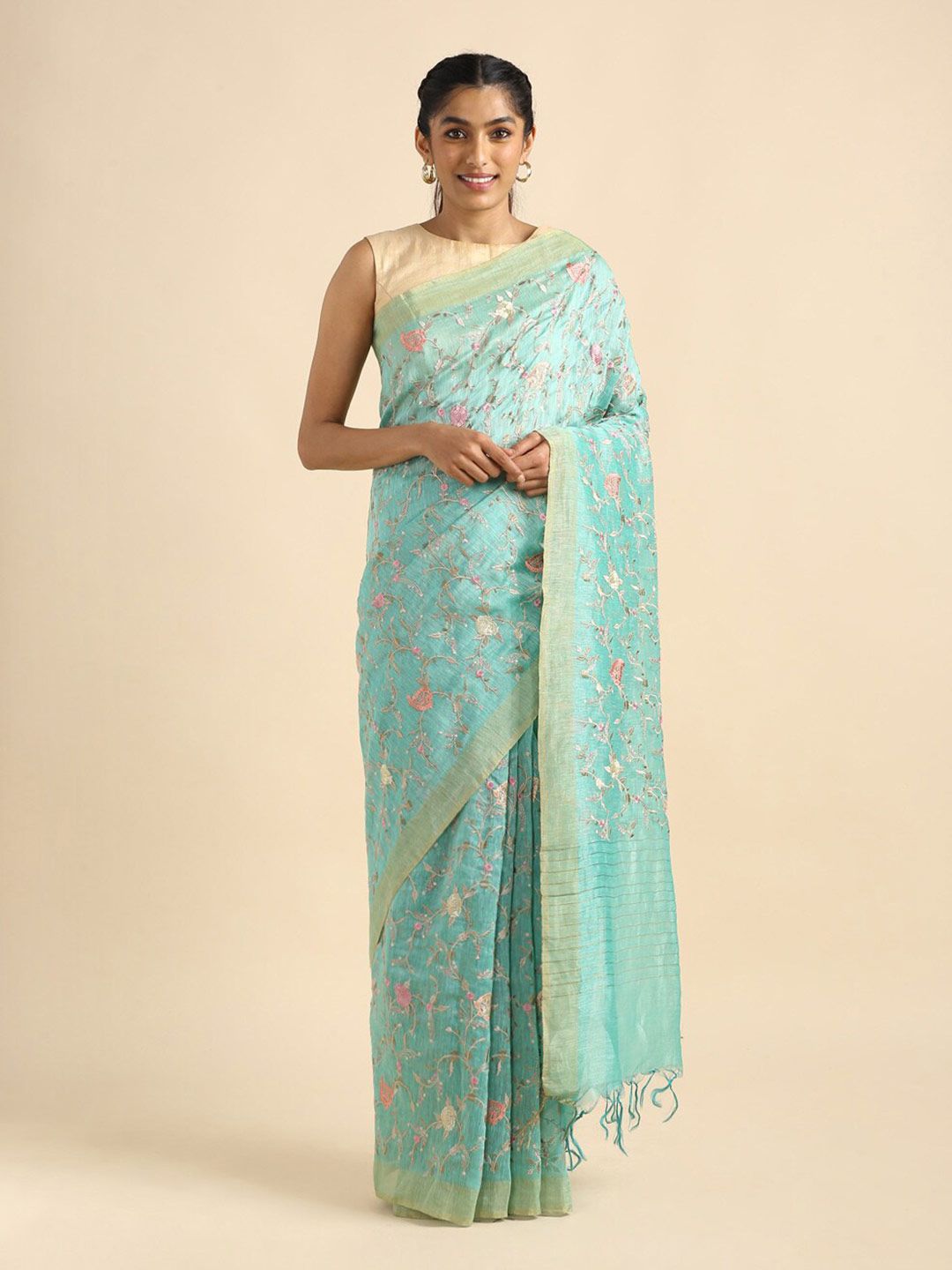 Taneira Blue & Pink Floral Embroidered Pure Linen Saree Price in India