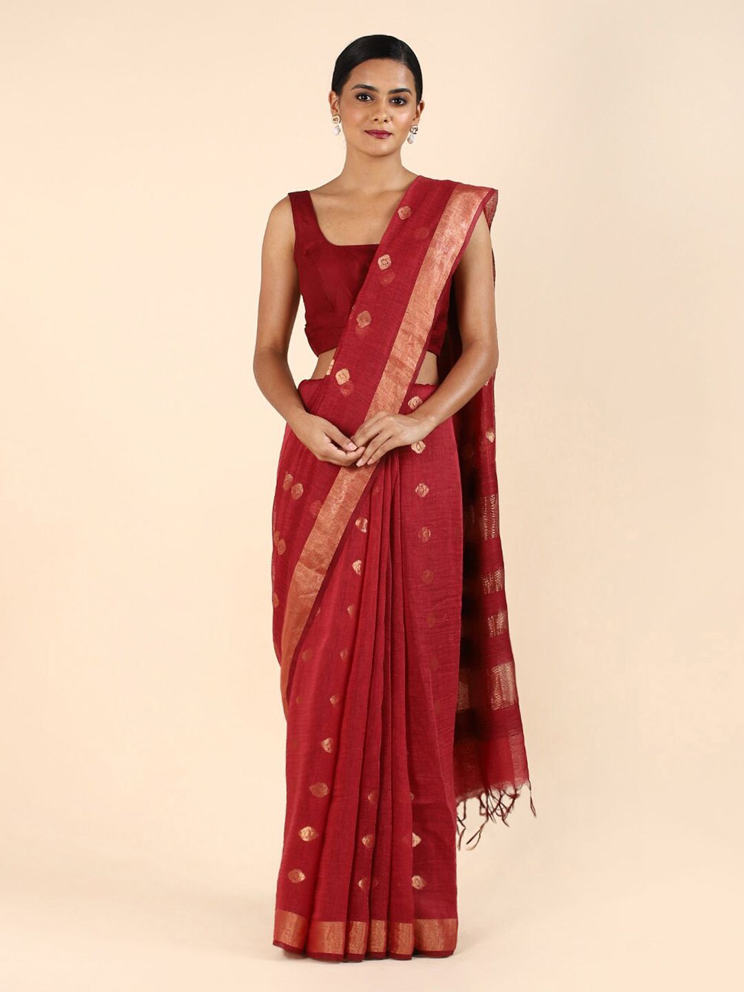 Taneira Red & Gold-Toned Ethnic Motifs Zari Pure Linen Saree Price in India