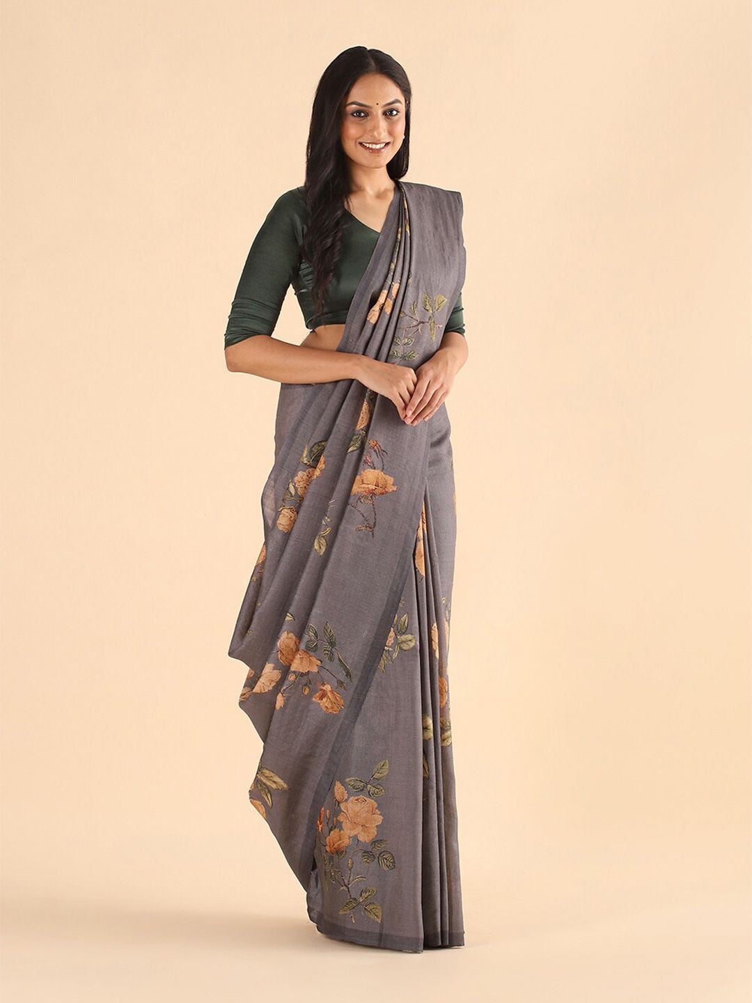 Taneira Grey & Brown Floral Pure Silk Tussar Saree Price in India