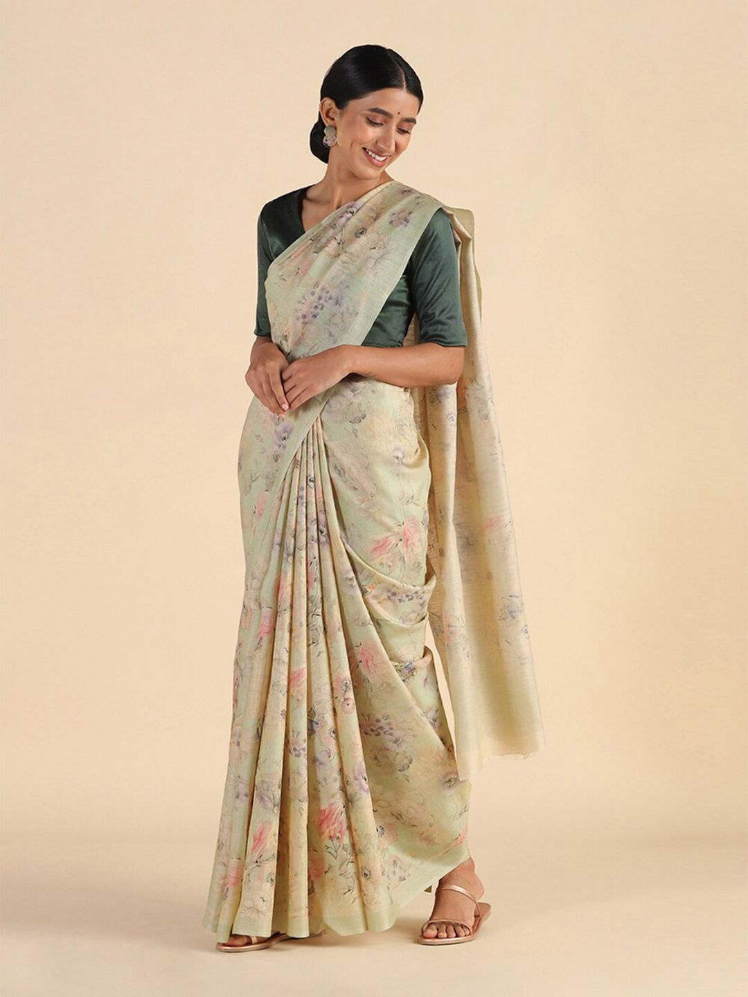 Taneira Beige & Green Floral Pure Silk Tussar Saree Price in India