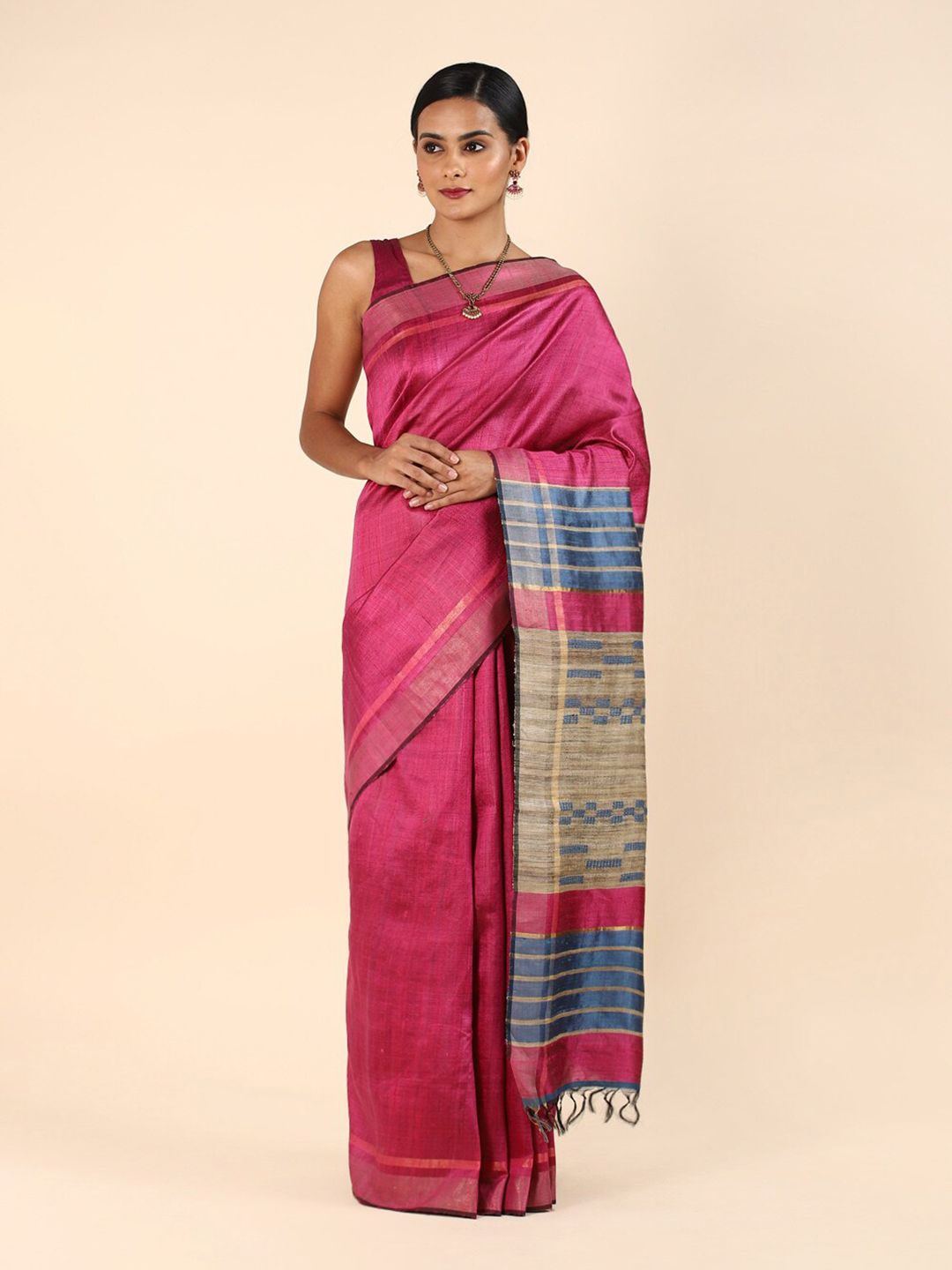 Taneira Pink & Blue Pure Silk Bhagalpuri Saree Price in India