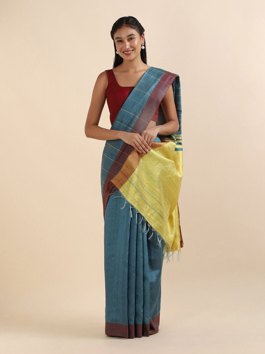 Taneira Blue & Gold-Toned Colourblocked Pure Silk Bhagalpuri Saree Price in India