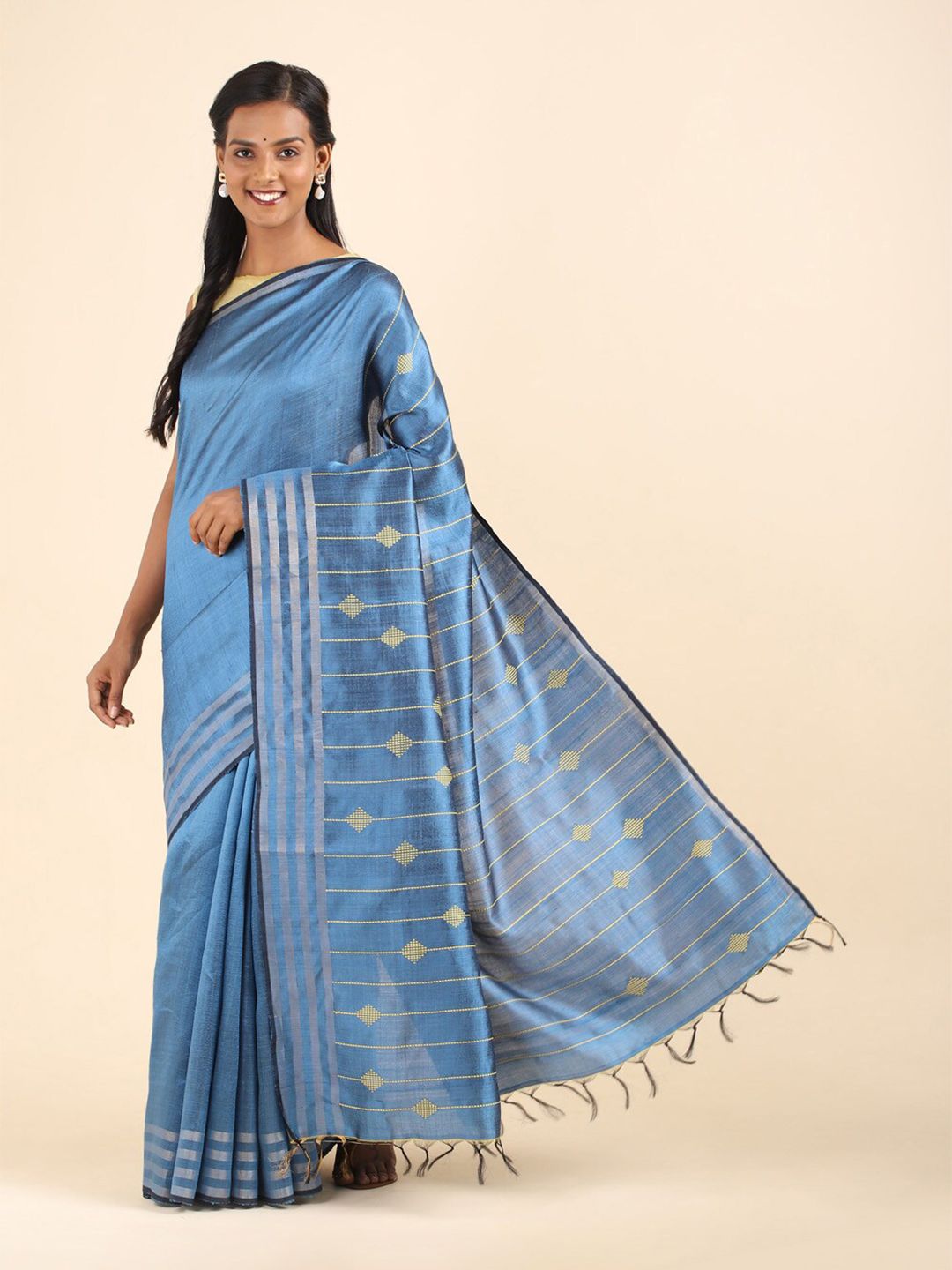 Taneira Blue & Mustard Woven Design Zari Pure Silk Bhagalpuri Saree Price in India