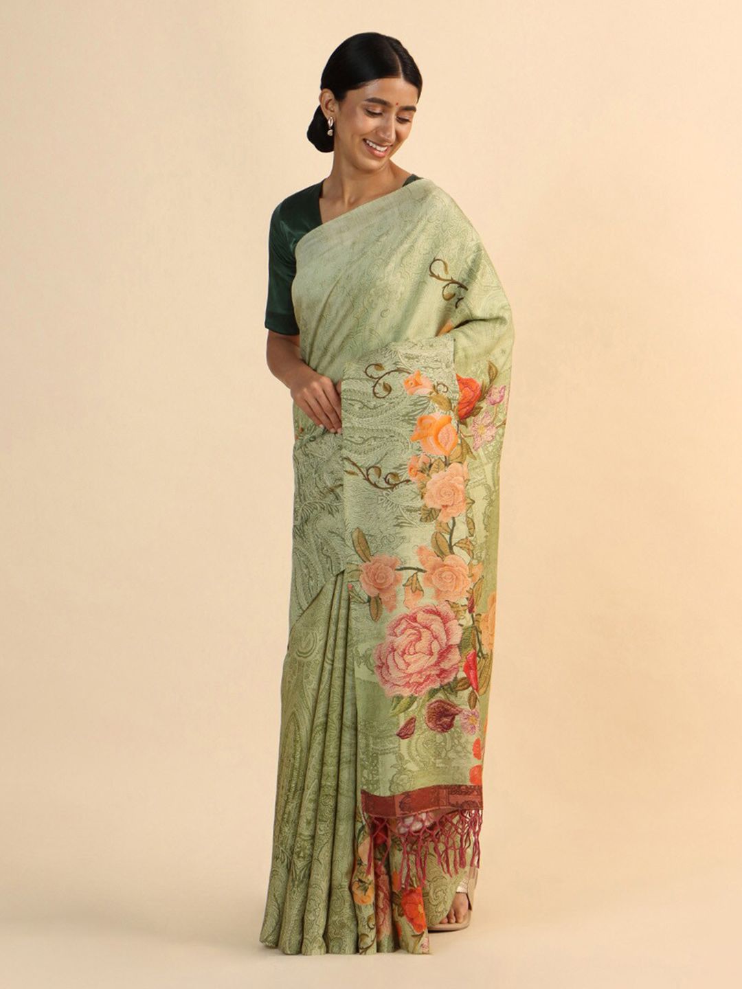 Taneira Green & Orange Floral Pure Silk Tussar Saree Price in India
