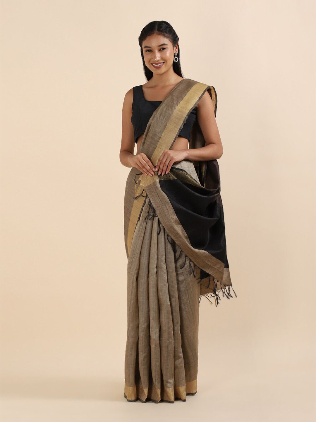 Taneira Women Beige & Brown Woven Design Zari Pure Silk Bhagalpuri Saree Price in India