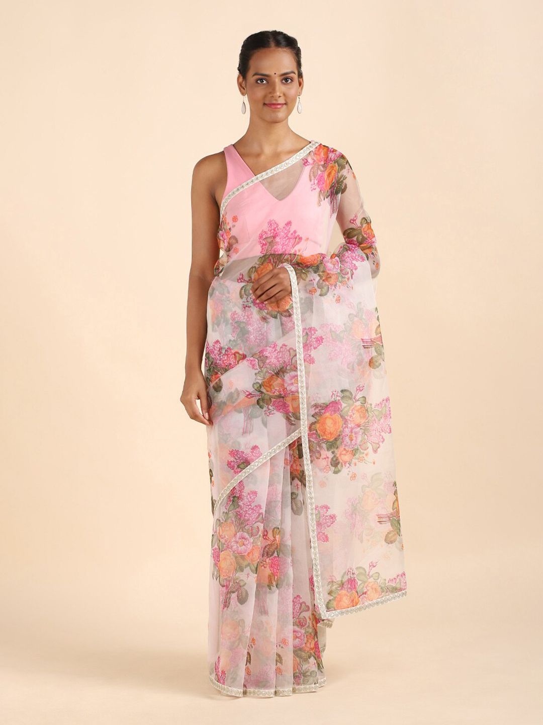 Taneira Grey & Pink Floral Organza Saree Price in India