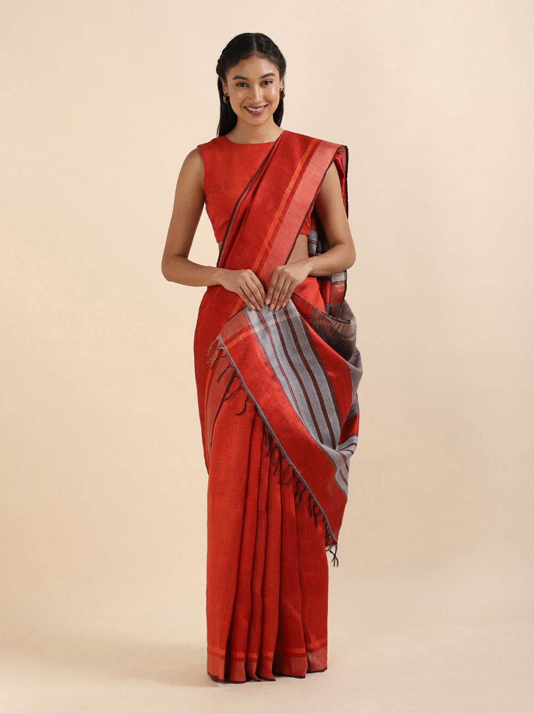 Taneira Red & Grey Striped Zari Pure Silk Bhagalpuri Saree Price in India