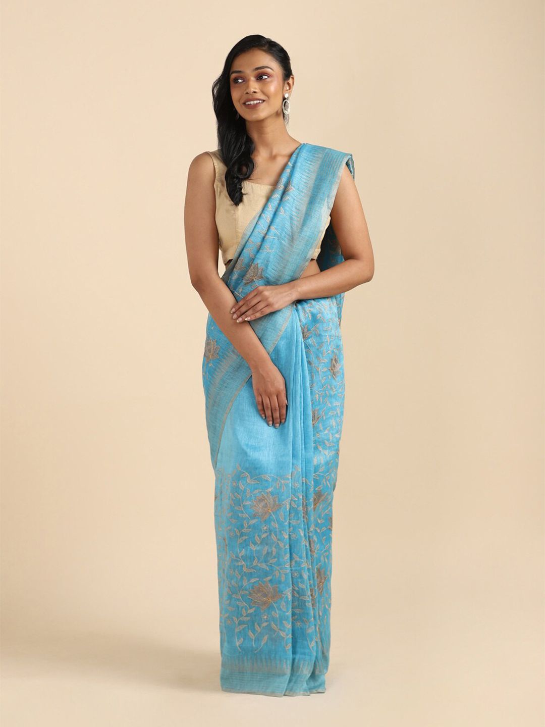 Taneira Blue & White Floral Embroidered Linen Blend Saree Price in India