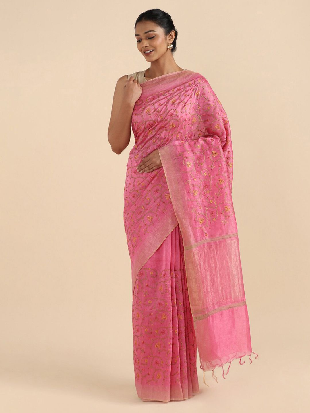 Taneira Pink & Orange Floral Embroidered Linen Blend Saree Price in India