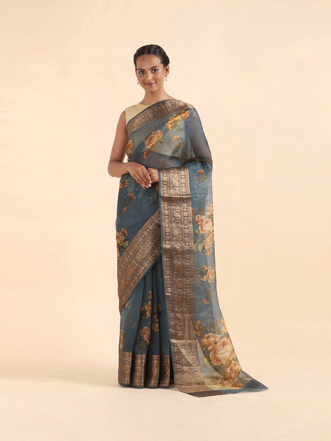 Taneira Blue & Gold-Toned Floral Zari Organza Saree Price in India